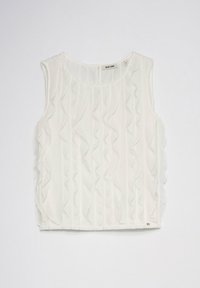 White sleeveless blouse with textured vertical ruffle details and a round neckline, laid flat on a plain background.