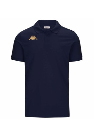 Polo shirt blu navy in cotone con colletto classico. Presenta un logo dorato sul lato sinistro del petto e maniche corte. Texture liscia.