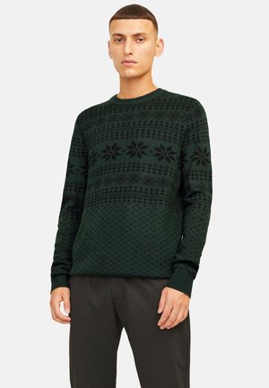 Dunkelgrüner Pullover mit schwarzen Blumen- und geometrischen Mustern, Rundhalsausschnitt, gerippte Bündchen und Saum. Glatte Stricktextur, lässige Passform.