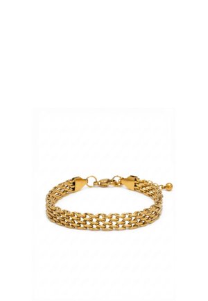 Bracelet en métal doré avec trois brins de chaînes reliés et une fermeture à mousqueton sur fond blanc.