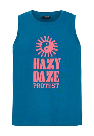 Camisa sin mangas de color turquesa con un gráfico de un sol rosa y el símbolo yin-yang, con el texto "HAZY DAZE PROTEST" en la parte frontal. Material de algodón.