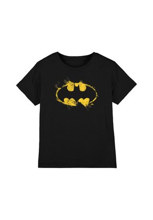 Black short-sleeve t-shirt with a distressed yellow Batman logo centered on the chest.