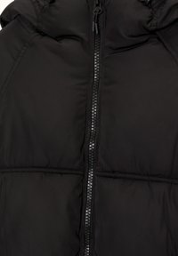 Black puffer jacket with a high collar, full-length zipper, and stitched sections. The fabric appears smooth and slightly glossy.
