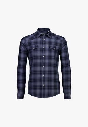 Langarm geruite shirt in donker marineblauw en grijs. Katoenen stof met twee borstzakken en knoopsluiting. Beschikt over een kraag en een gebogen zoom.