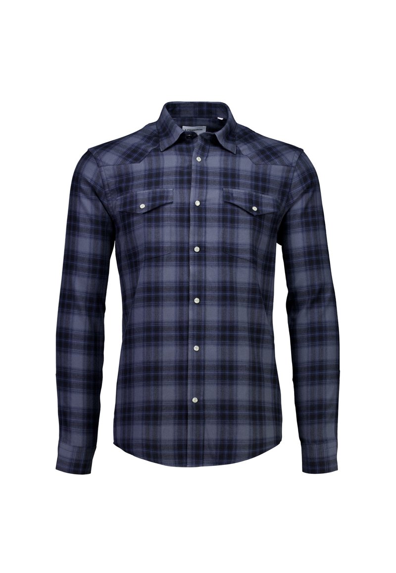 Langarm geruite shirt in donker marineblauw en grijs. Katoenen stof met twee borstzakken en knoopsluiting. Beschikt over een kraag en een gebogen zoom.