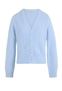 Cardigan azul claro hecho de un suave hilo texturizado. Presenta un escote en V, mangas largas y un cierre frontal de botones con pequeños acentos metálicos.