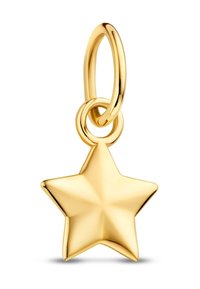 Gouden metalen sterhanger met een gepolijste afwerking, met vijf puntige uiteinden en een ronde oogje bovenaan voor bevestiging.