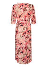 Robe portefeuille fleurie avec manches courtes, taille ceinturée et un motif floral vibrant en rose, beige et noir sur un fond clair.