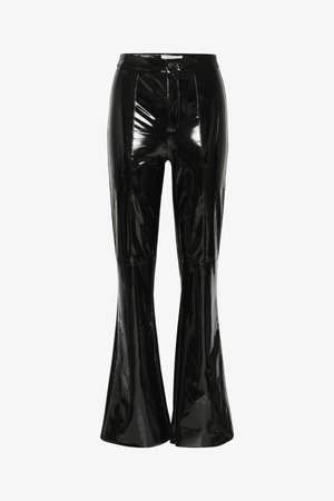 Black flared pants made of glossy material, featuring a high waist, front seam details, and a button closure at the waistband.
