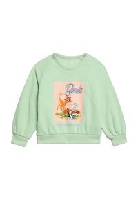 Felpa verde menta con polsini e scollatura a costine. Presenta una grafica pastello di Bambi e amici, con testo sotto l'immagine.
