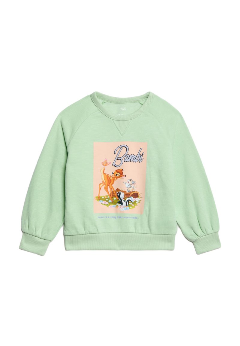 Felpa verde menta con polsini e scollatura a costine. Presenta una grafica pastello di Bambi e amici, con testo sotto l'immagine.