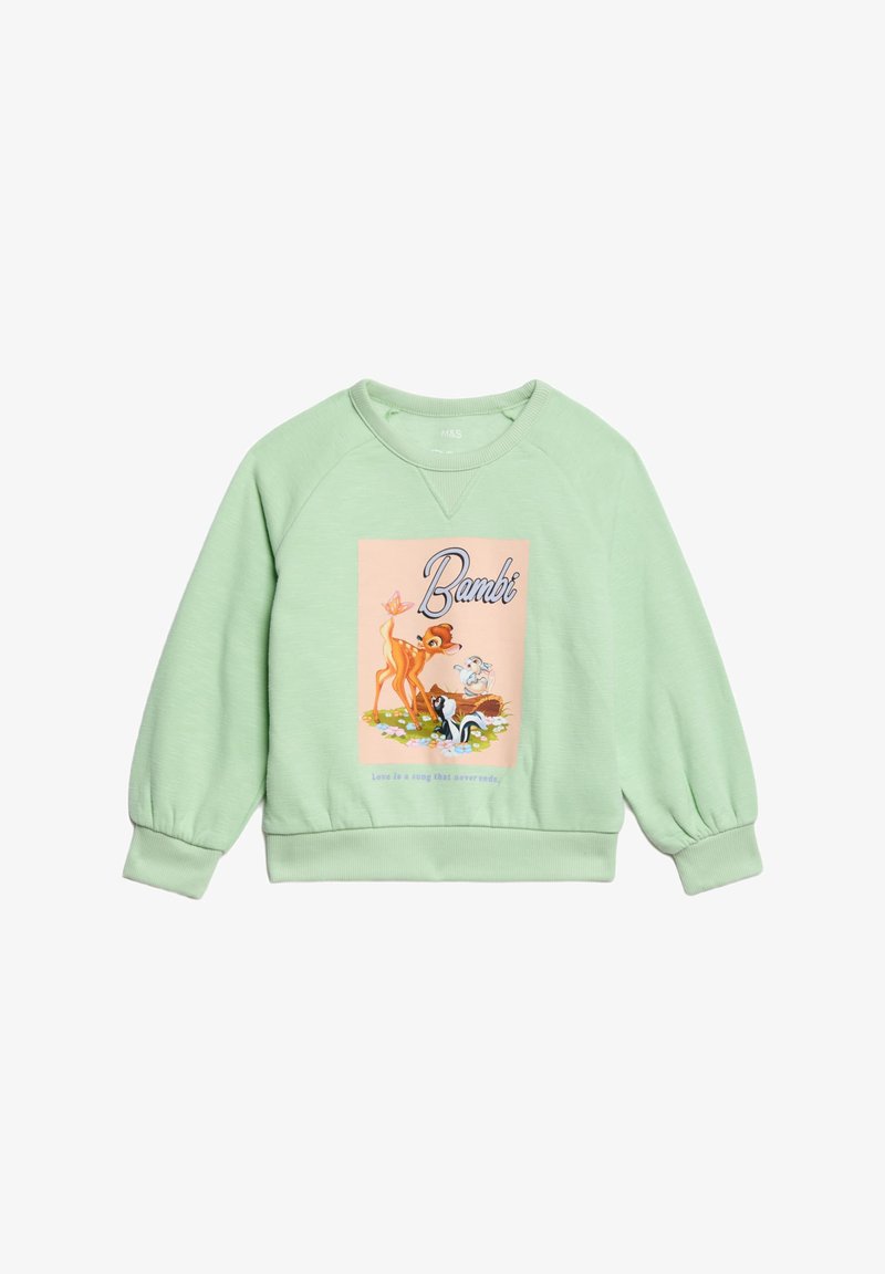 Sudadera verde menta con puños y cuello acanalados. Presenta un gráfico en tonos pastel de Bambi y sus amigos, con texto debajo de la imagen.