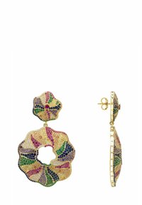 Gold-tone earrings featuring a floral design, adorned with multicolored gemstones in purple, green, pink, and clear, with a textured finish.