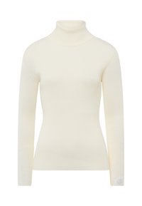 Cremfarbener, gerippter Rollkragenpullover mit langen Ärmeln, schmaler Schnitt und einem kleinen Logoaufnäher am Bündchen. Glatte Textur, entworfen zum Schichten.