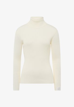 Cremfarbener, gerippter Rollkragenpullover mit langen Ärmeln, schmaler Schnitt und einem kleinen Logoaufnäher am Bündchen. Glatte Textur, entworfen zum Schichten.