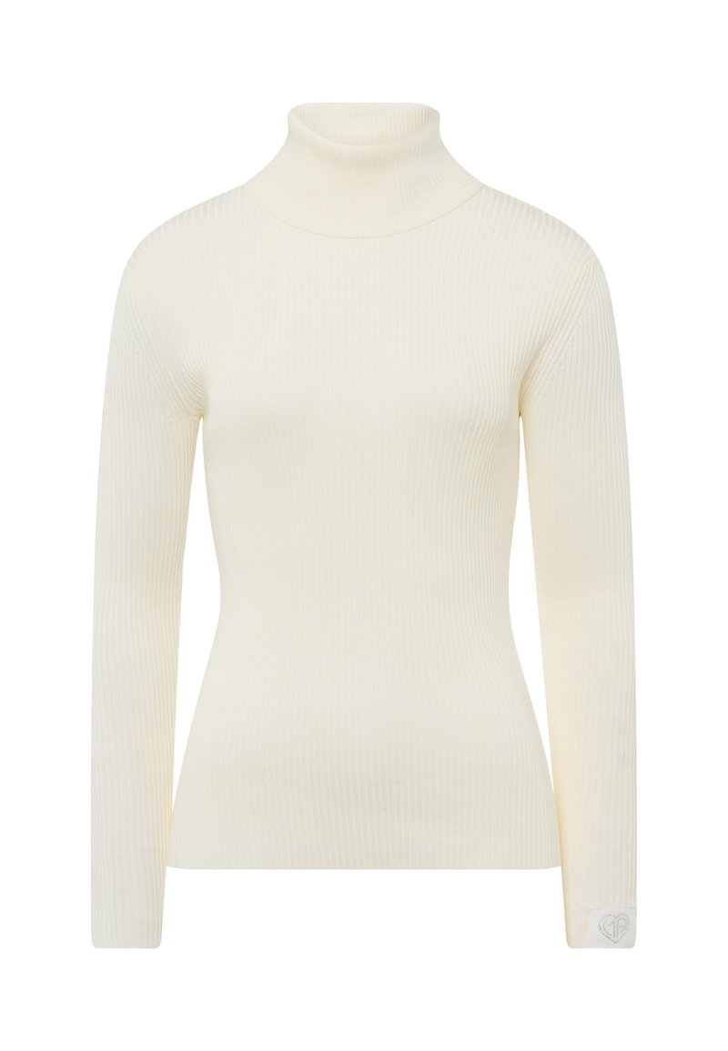 Cremfarbener, gerippter Rollkragenpullover mit langen Ärmeln, schmaler Schnitt und einem kleinen Logoaufnäher am Bündchen. Glatte Textur, entworfen zum Schichten.