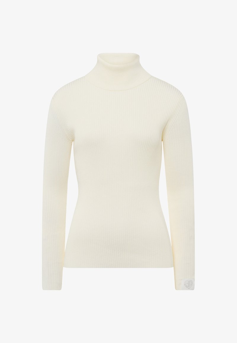 Cream ribbed turtleneck sweater with long sleeves, slim fit, and a small logo patch on the cuff. Smooth texture, designed for layering.