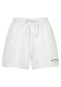 Světlé šedé bavlněné kraťasy s elastickým pasem a šňůrkou. Na dolní levé straně je zelený nápis "San Francisco".