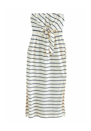 Taliowana sukienka bez ramiączek w paski w kolorze kremowym i granatowym, z węzłowym dekoltem, bocznymi rozcięciami oraz dopasowanym fasonem z miękkiego, teksturowanego materiału.