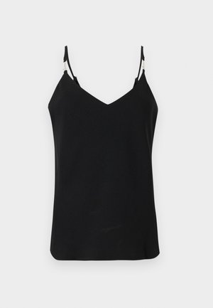 Must top ilma varrukateta, V-kaelusega, reguleeritavad õhukesed rihmad, sile kangas ja lahtine lõige, sobib vabaaja kandmiseks.