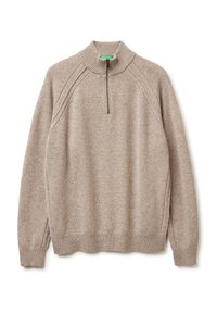 Beżowy sweter dzianinowy z wysokim kołnierzem i półzamkiem. Posiada rękawy raglanowe oraz ściągacze przy rękawach i u dołu. Miękka faktura.