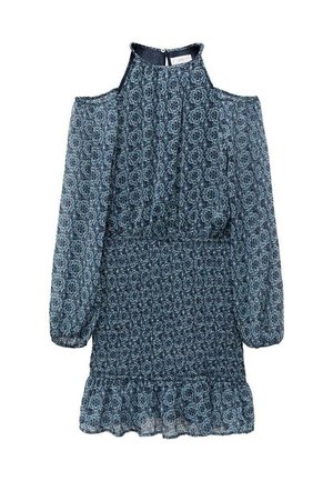 Robe à motifs floraux dans des nuances de bleu, arborant un col haut, des épaules dénudées, des manches longues et un ourlet froncé. Tissu texturé.