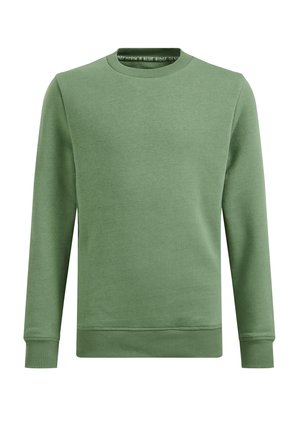 Langærmet crewneck-sweatshirt i ensfarvet olivengrøn med ribkant ved ærmer og kant, lavet af blødt stof.