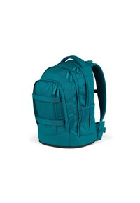 Türkise Rucksack mit verstellbaren Trägern, mehreren Reißverschlussfächern, verstärktem Boden und seitlichen Taschen für zusätzlichen Stauraum.