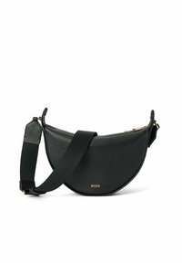 Borsa a tracolla in pelle nera a forma di mezza luna, superficie testurizzata, tracolla regolabile e dettagli in oro. Chiusura con cerniera nella parte superiore.