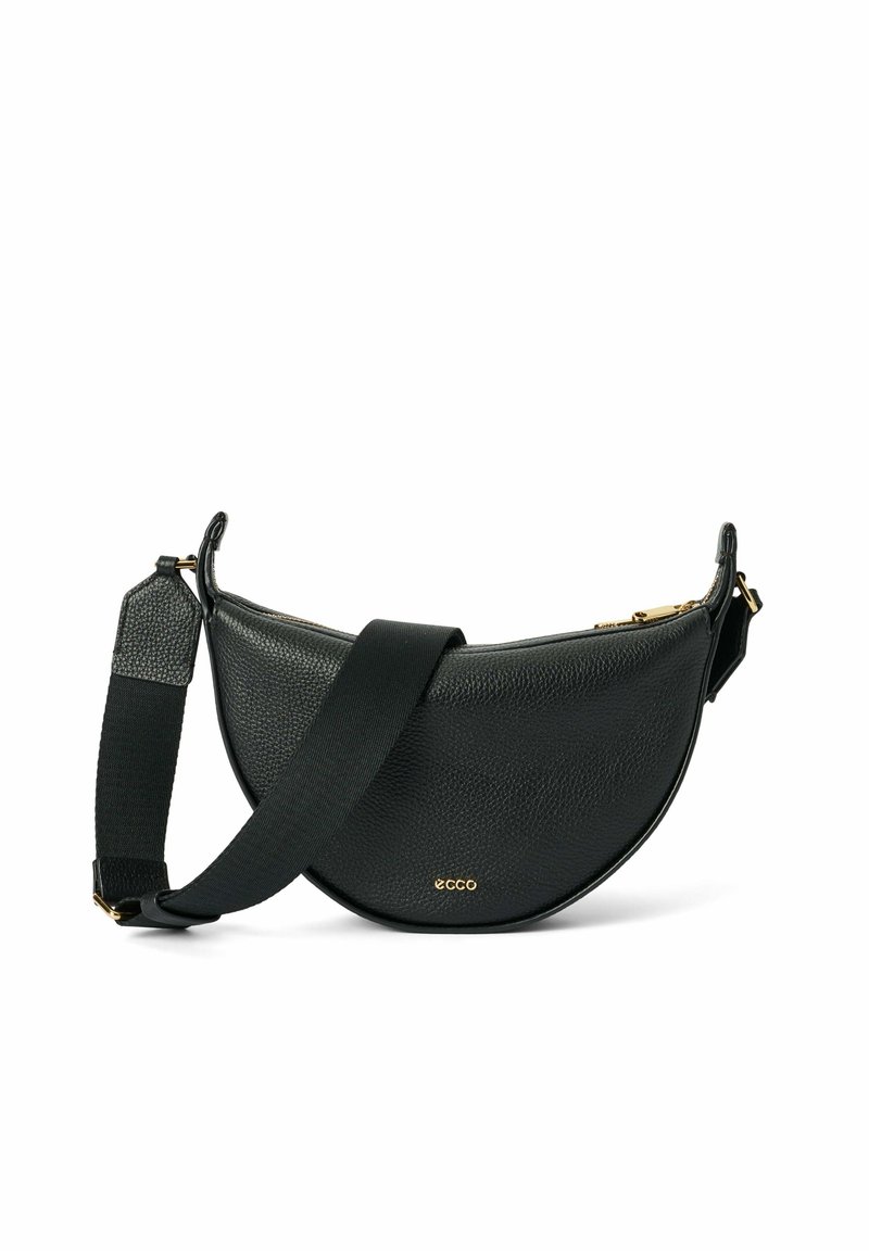 Borsa a tracolla in pelle nera a forma di mezza luna, superficie testurizzata, tracolla regolabile e dettagli in oro. Chiusura con cerniera nella parte superiore.