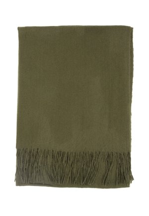 Olivgrüner Wollschal mit Fransen an den Enden, weicher Textur und rechteckiger Form, geeignet für Wärme und zum Schichten.