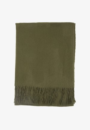 Olivgrüner Wollschal mit Fransen an den Enden, weicher Textur und rechteckiger Form, geeignet für Wärme und zum Schichten.