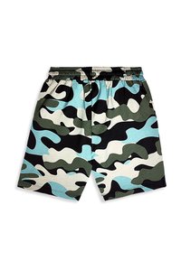 Shorts pour enfants à taille élastique avec motif camouflage bleu, vert, noir et blanc sur fond blanc.