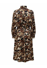 Robe midi à manches longues avec col montant, taille cintrée et motif floral abstrait marron, noir et beige, vue de dos.
