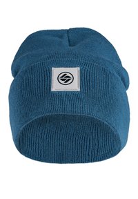 Blue knitted beanie made of soft material. Features a folded cuff and a square white patch with a black logo on the side.