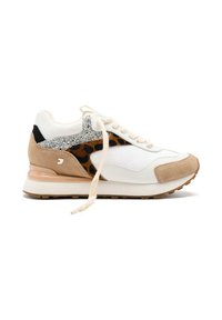 Sneaker con tomaia in pelle bianca, dettagli in suede beige e pannello con stampa leopardata. Presenta una sezione glitterata e una suola in gomma beige.