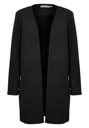 Cardigan nero aperto davanti con maniche lunghe, motivo testurizzato e un design leggermente strutturato. Senza chiusure; tessuto leggero.