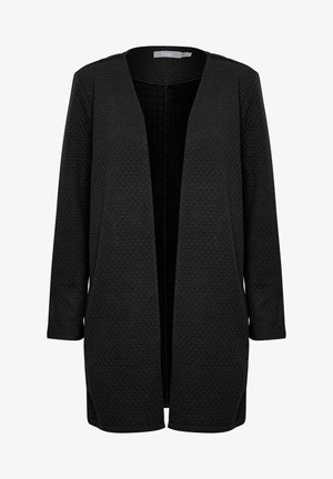 Cardigan nero aperto davanti con maniche lunghe, motivo testurizzato e un design leggermente strutturato. Senza chiusure; tessuto leggero.