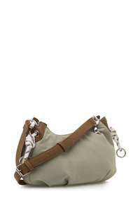 Bolso de tela verde oliva para el hombro con detalles de cuero marrón, correas tipo cuerda y una silueta redondeada. Cuenta con herrajes plateados.