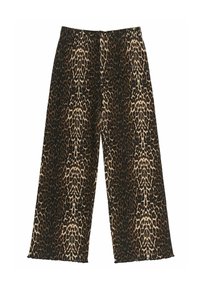 Pantalone širokog kroja s leopard uzorkom, s crnim elastičnim pojasom, mekanom teksturom i labavim fitom, s dužinom do gležnjeva.