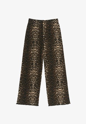 Leopardprint wijde broek met een zwarte elastische tailleband, zachte textuur en een losse pasvorm met een enkel-lengte snit.