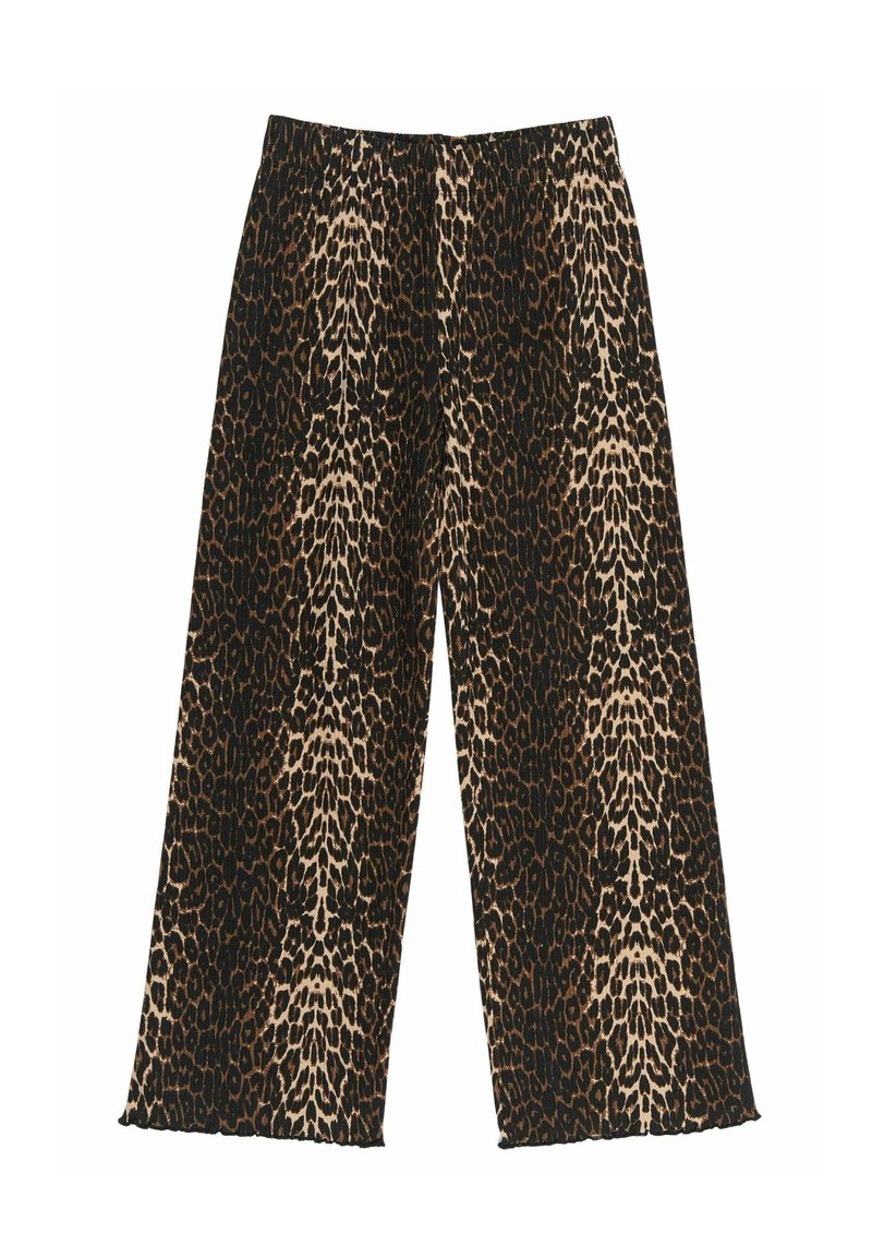 Hlače širokega kroja z leopardjim vzorcem, ki imajo črn elastičen pas, mehak tekstil in ohlapen kroj s prerezom do gležnjev.