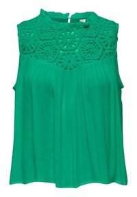 Blusa senza maniche verde con yoke in pizzo testurizzato. Presenta una vestibilità comoda, tessuto plissettato e un'apertura a chiave sulla schiena.