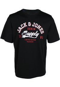 Schwarzes Baumwoll-T-Shirt mit weißem und rotem Textdesign, auf dem "JACK & JONES DENIM SUPPLY 1990 LIMITED EDITION" in fetter Schrift steht. Lässige Passform.