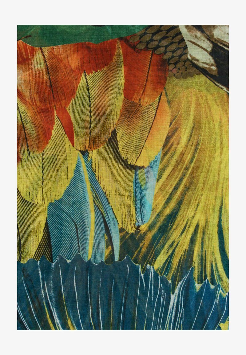 Colorful feather design featuring vibrant hues of orange, yellow, blue, and green, with detailed textures and layered patterns.