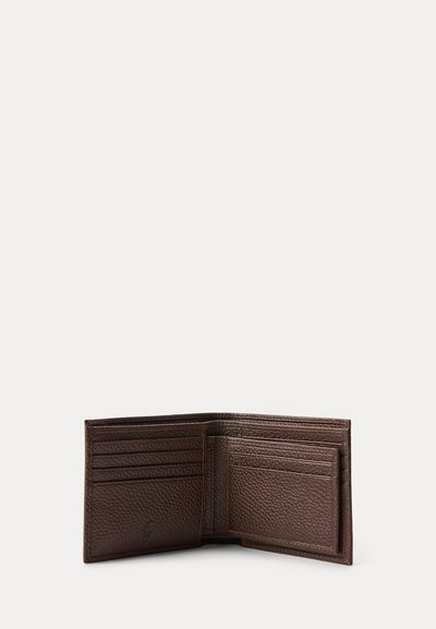 Open brown leather wallet with multiple card slots and textured surface on a plain light background.