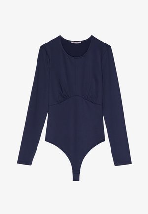 Marineblauwe long-sleeve bodysuit met een ronde halslijn, plooidetail bij de taille en een thong-stijl onderkant. Zachte, rekbare stof.