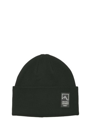 Zwarte gebreide muts met omgeslagen boord, voorzien van een rechthoekig Jack & Jones logo op de voorkant.