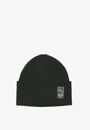 Zwarte gebreide muts met omgeslagen boord, voorzien van een rechthoekig Jack & Jones logo op de voorkant.