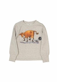 Grå langærmet skjorte i bomuld med en illustreret brun ko, der går gennem vand sammen med en sort fugl.